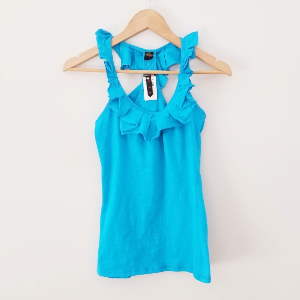 Poof teal blue ruffle racer back tank top small